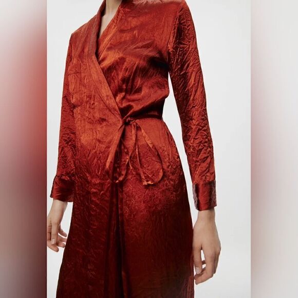 ZARA SATIN EFFECT DRESS ZW COLLECTION Duster Robe Burgundy - Picture 14 of 15